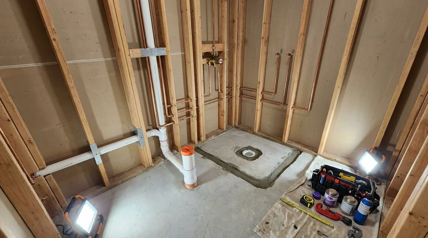 Bathroom rough-in plumbing during remodel by Johns Plumbing LLC in Pigeon Forge