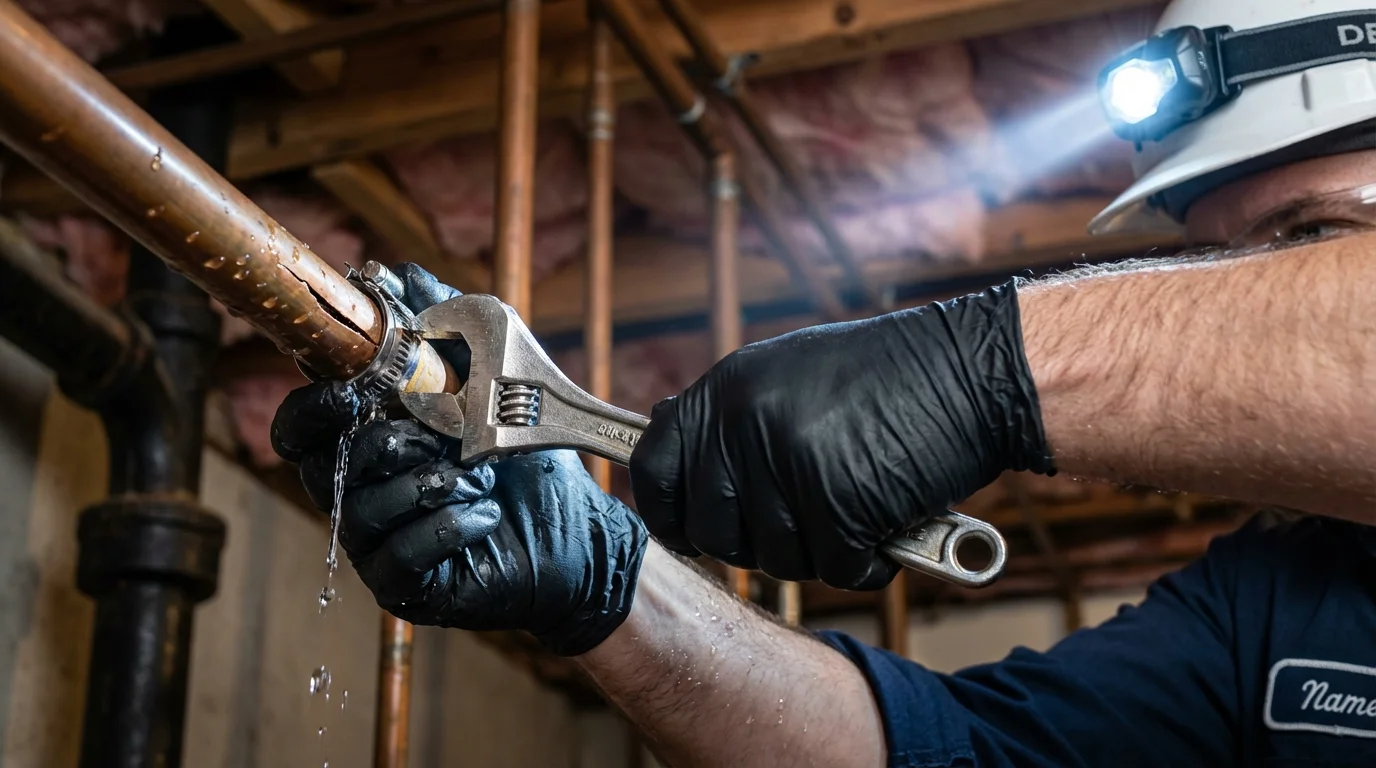Emergency pipe clamp repair being performed by a Johns Plumbing LLC plumber in Pigeon Forge