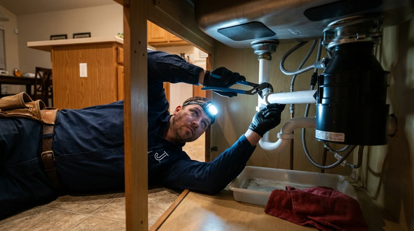 P-trap and supply line connections under a kitchen sink showing a common leak point in Pigeon Forge, TN